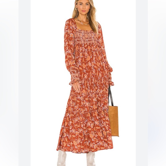 FREE PEOPLE WOMENS SWEET ESCAPE MAXI DRESS SMOCKED ORANGE FLORAL XL